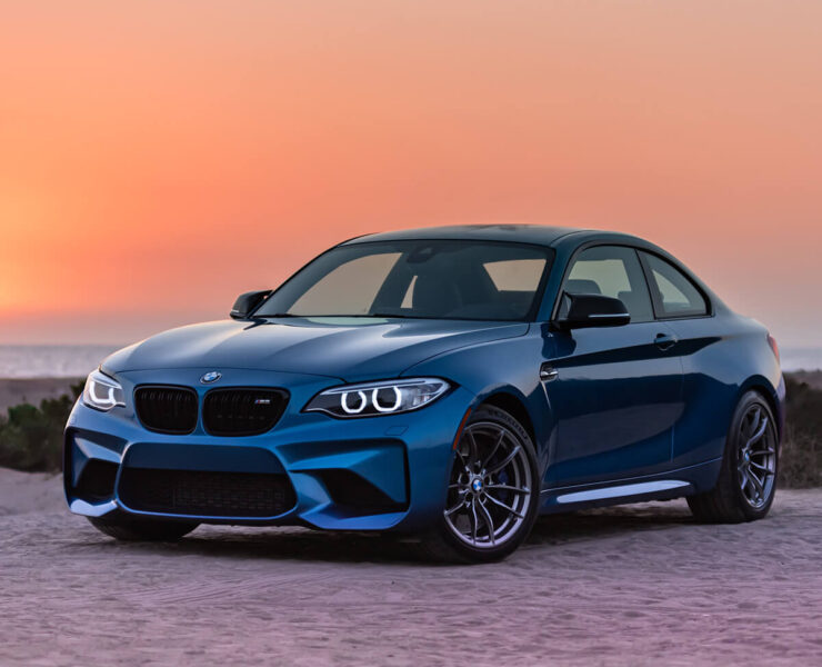 Blue BMW M2 factory bumper and halo LED headlights