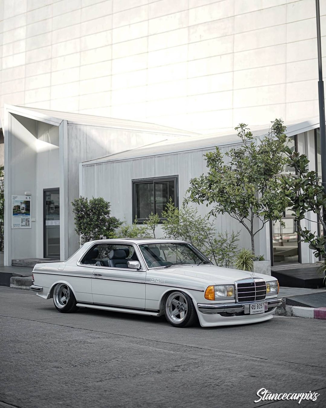 mercedes c123 coupe white with stanced suspension 1