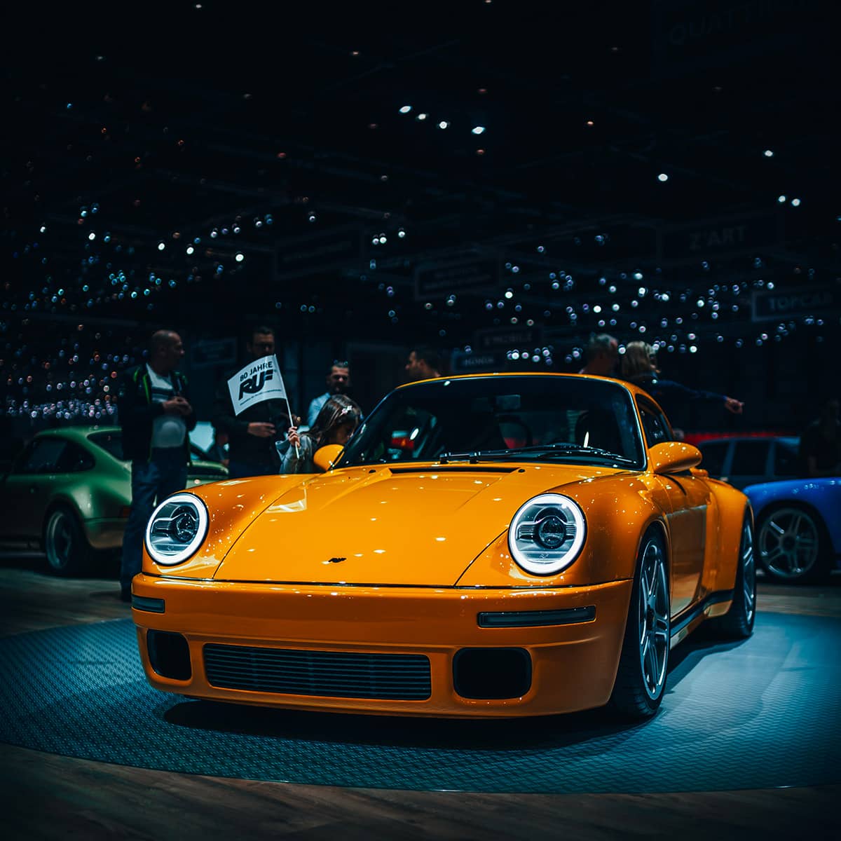 Yellow Porsche 911 RUF with LED headlights